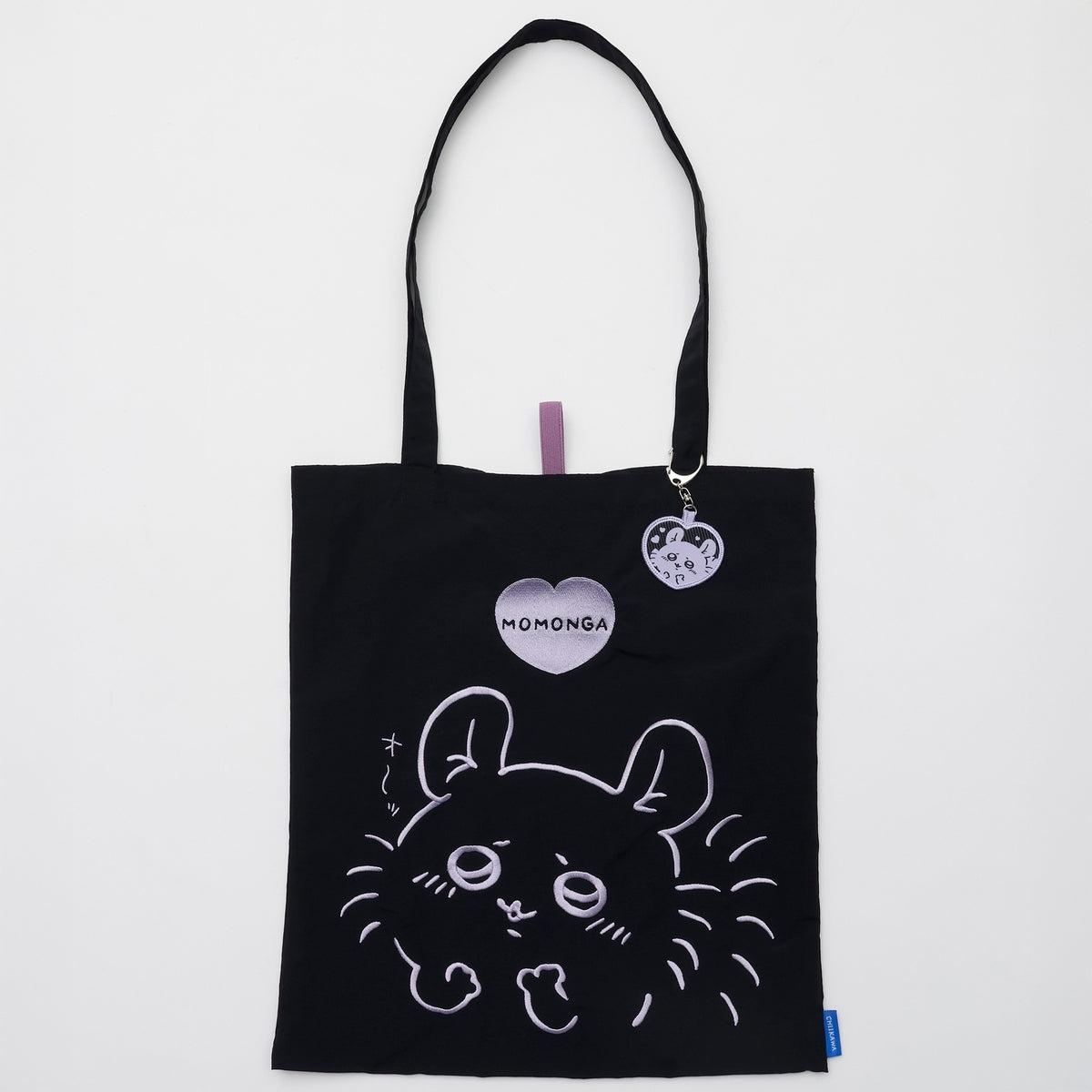 吉伊卡哇 刺繡托特包 小桃鼠愛心 黑色 (附刺繡鑰匙圈) ちいかわ 刺繍トートバッグ モモンガハート ブラック  (刺繍キーホルダー付)