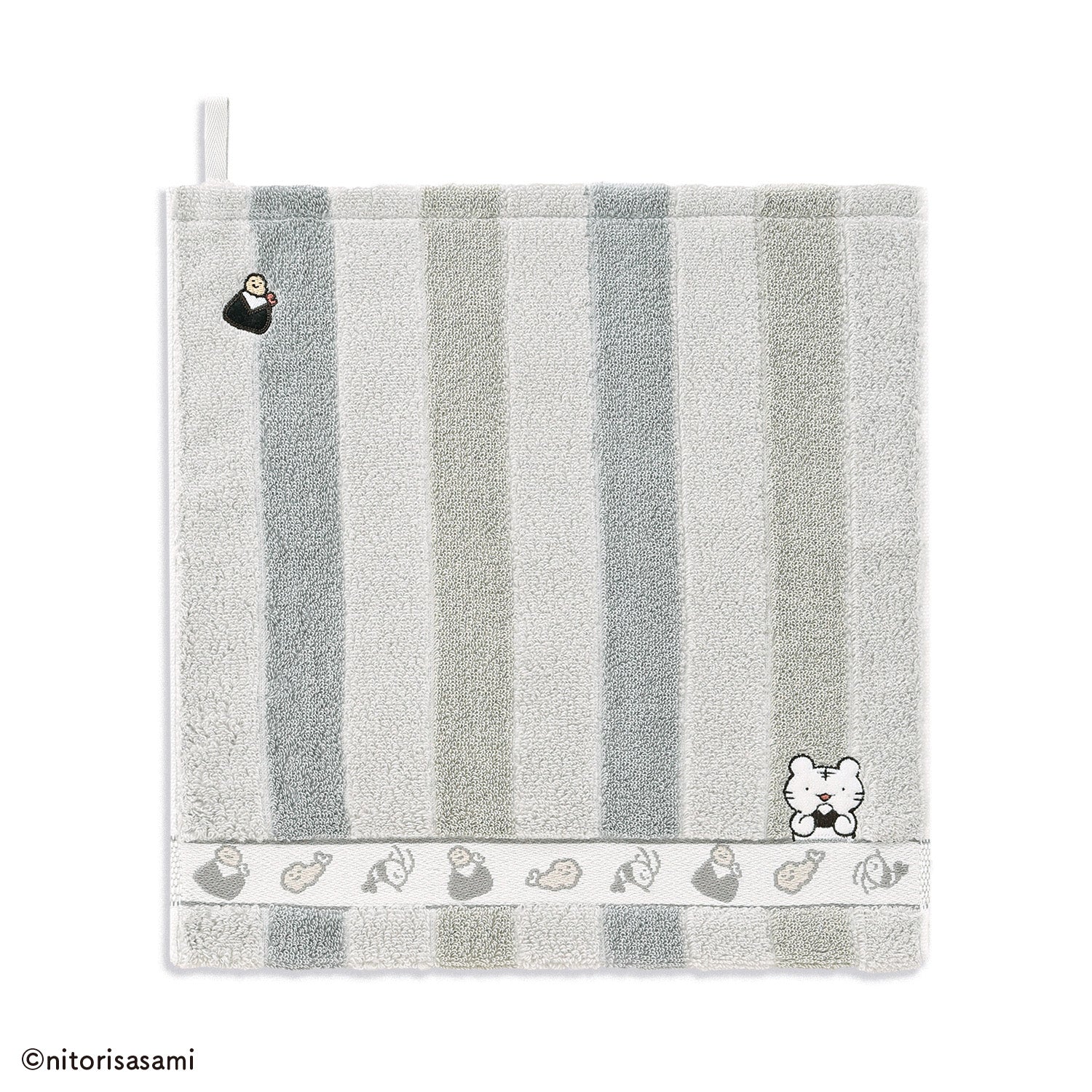 小白虎與黑虎蝦 一點點笨拙的清洗毛巾，灰色 ホワイトタイガーとブラックタイガー ちょっぴりドジ ループ付きウォッシュタオルグレー