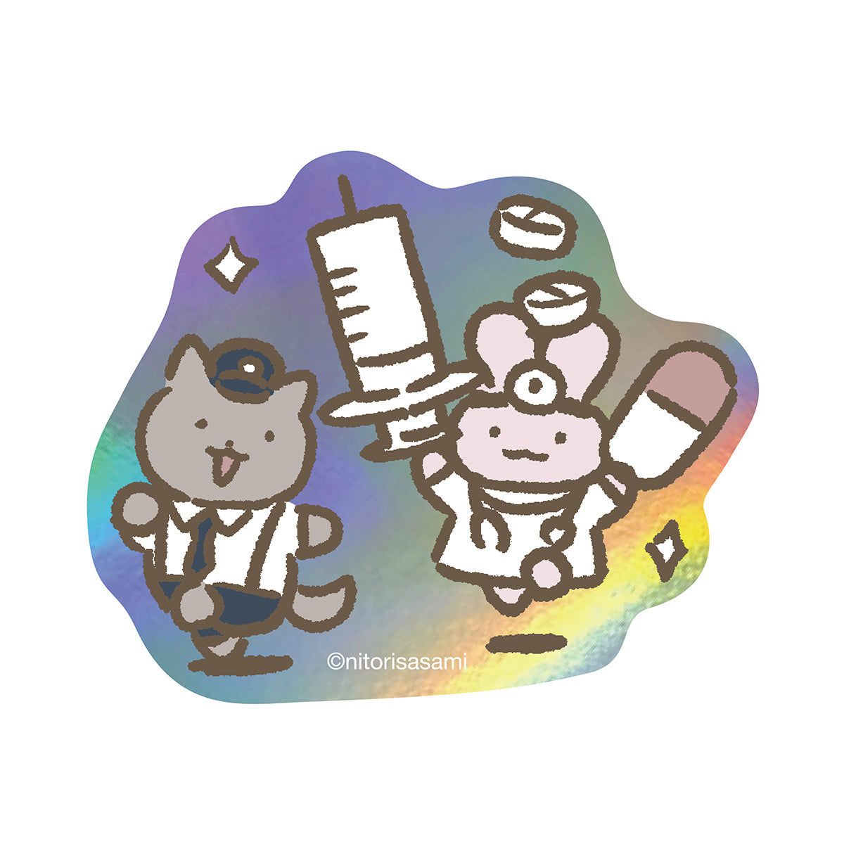 小白虎與黑虎蝦 適用於手機的貼紙（超大注射器） ホワイトタイガーとブラックタイガー スマホに貼れるサイズのホログラムステッカー（でっかい注射）