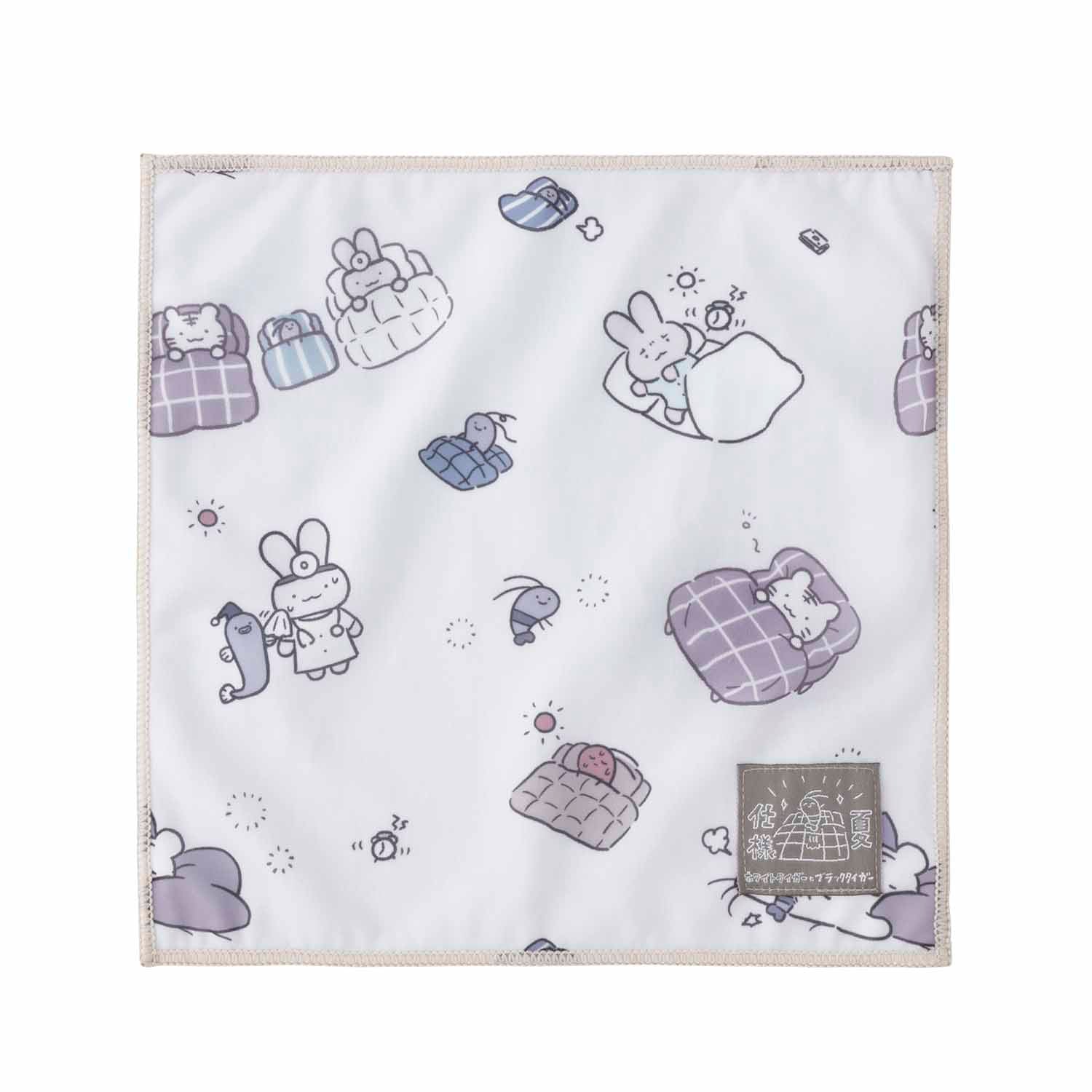 小白虎與黑虎蝦 涼爽的手帕（蒲團圖案） ホワイトタイガーとブラックタイガー ひんやりハンカチ（お布団柄）