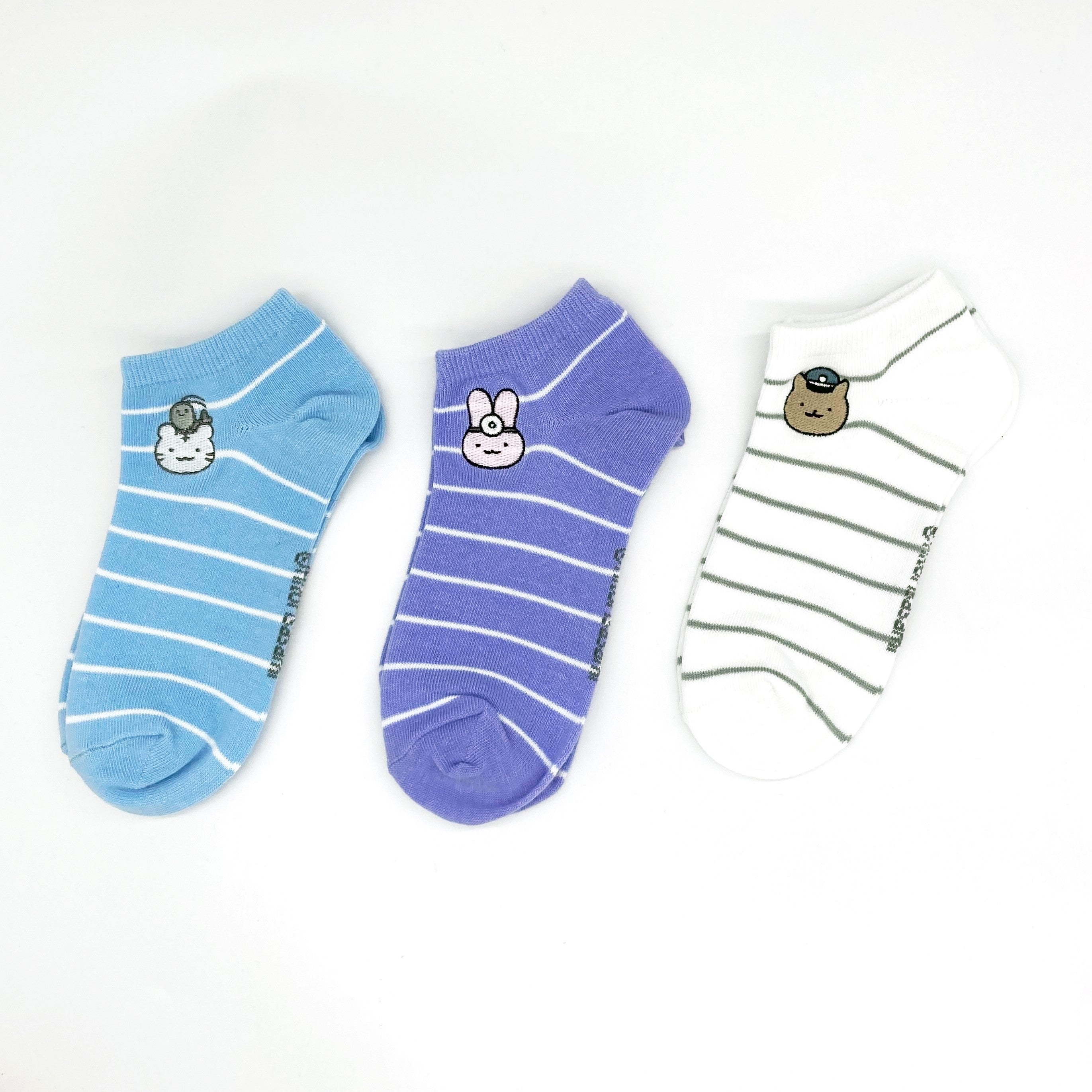 小白虎與黑虎蝦 襪子（刺繡3P條紋圖案） ホワイトタイガーとブラックタイガー ソックス（刺繍3Pボーダー柄）